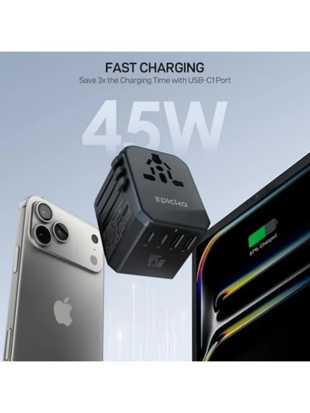 Universal 45W Travel Adapter with PD & QC, 1 AC Port, 4 USB-C & 1 USB-A Ports